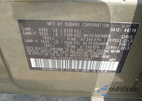2019 Subaru Outback 2.5I Limited from USA, damaged, VIN 4S4BSANC2K3354627